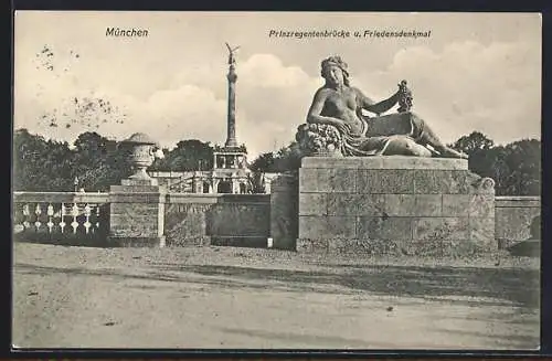 AK München, Prinzregentenbrücke und Friedendenkmal