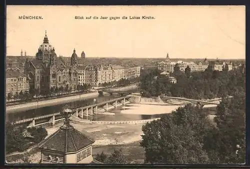 AK München, Blick auf die Isar und die Lukas Kirche