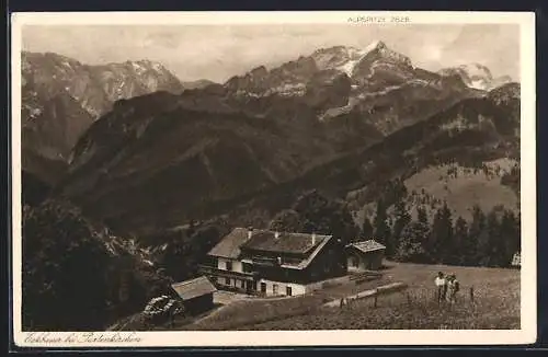 AK Partenkirchen, Gasthaus Eckbauer mit Blick auf das Zugspitzmassiv