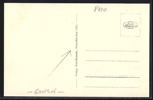 AK Partenkirchen /Obb., Gasthof Eckbauer mit Teufelsgrat, Hochblassen Alp- und Zugspitze und Waxenstein