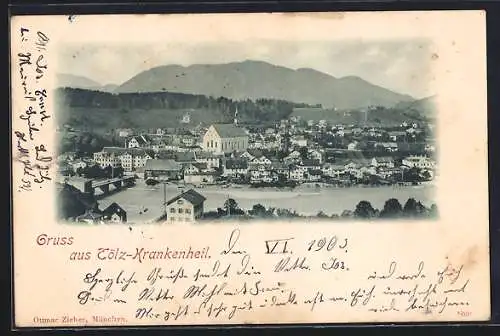 AK Tölz-Krankenheil, Flusspartie mit Blick auf die Kirche