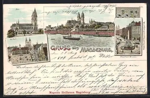 Lithographie Magdeburg, Dom, Alter Markt, Hasselbach-Brunnen