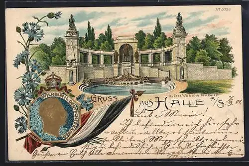 Lithographie Halle a. S., Einweihung des Kaiser Wilhelm-Denkmals, Kornblumen