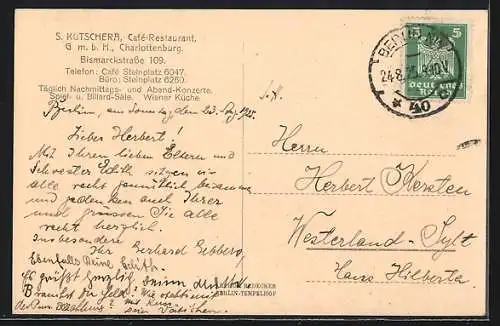 AK Berlin-Charlottenburg, S. Kutschera`s Café-Restaurant GmbH, Innenansicht, Bismarckstrasse 109