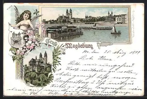 Lithographie Magdeburg, Panorama mit Dampfer & Dom