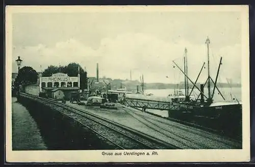 AK Uerdingen a. Rh., Restaurant Rheinlust am Flussufer, Handelsschiff Donau