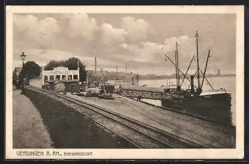 AK Uerdingen a. Rh., Restaurant Rheinlust am Flussufer, Lastkahn Donau