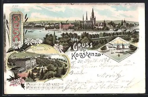 Lithographie Konstanz, Konstanzer Hof, Hfen-Einfahrt, Teilansicht