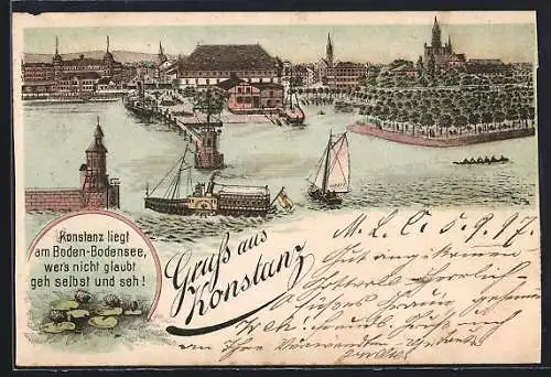 Lithographie Konstanz /Bodensee, Uferaprtie mit Dampfer Kaiser Wilhelm