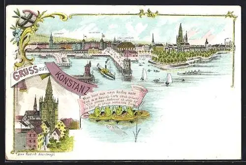 Lithographie Konstanz, Uferpartie mit Bahnhof, Reichspost und Concilgebäude, Ortspartie