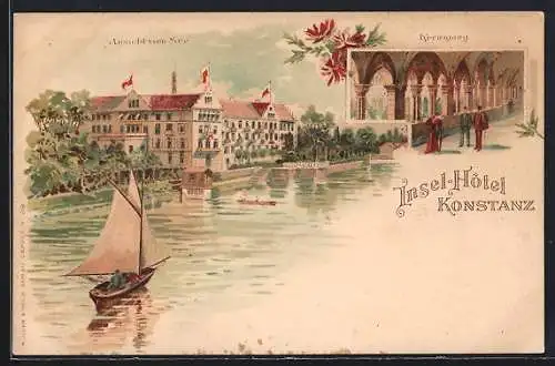 Lithographie Konstanz, Ansicht vom See & Kreuzgang im Insel-Hotel