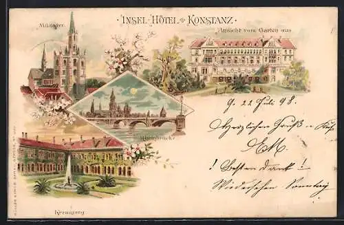 Lithographie Konstanz, Insel-Hotel, Münster, Rheinbrücke, Kreuzgang