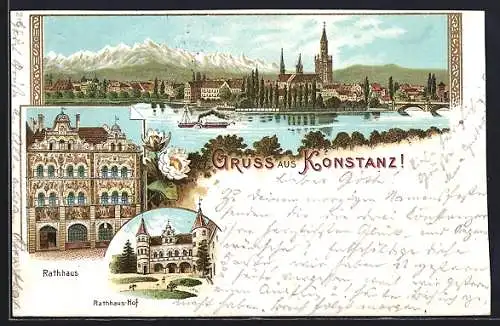 Lithographie Konstanz, Rathaus, Rathaus-Hof, Panoramablick auf die Stadt