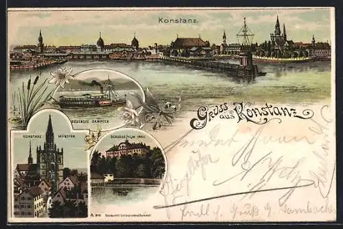 Lithographie Konstanz, Bodensee Dampfer, Münster, Schloss Mainau