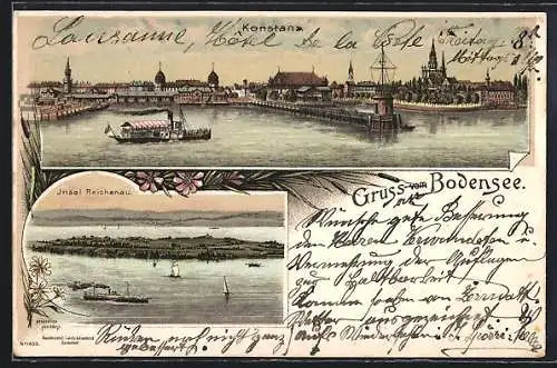 Lithographie Konstanz, Dampfer im Hafen, Insel Reichenau