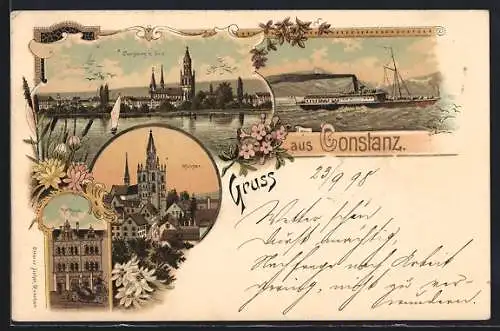 Lithographie Konstanz, Constanz v. See, Münster, Rathaus