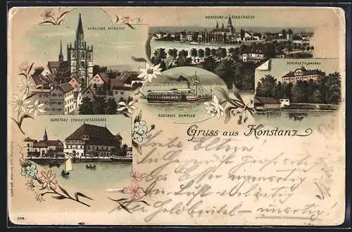 Lithographie Konstanz, Conciliumsgebäude, Teilansicht mit Münster, Bodensee-Dampfer