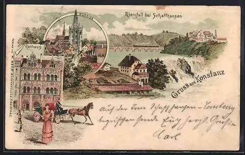 Lithographie Konstanz /Bodensee, Rheinfall bei Schaffhausen, Münster, Rathaus