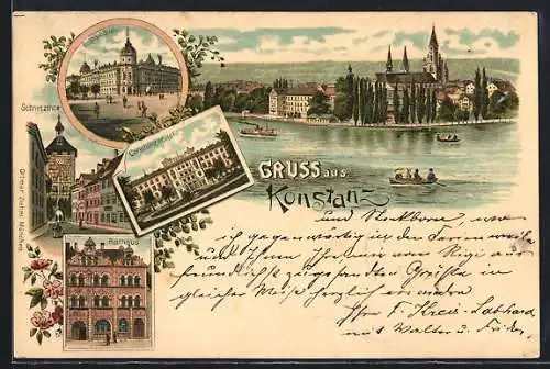 Lithographie Konstanz, Bootspartie mit Münster, Postgebäude, Schnetzthor, Constanzer-Hof, Rathaus