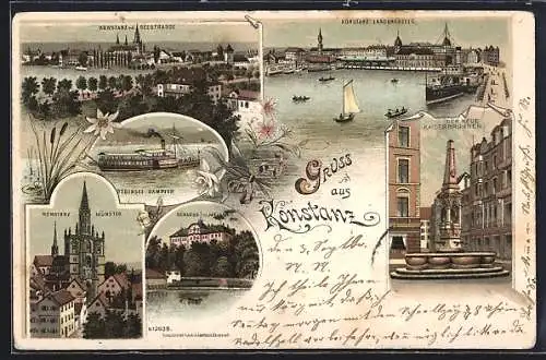 Lithographie Konstanz, Landungssteg, Der neue Kaiserbrunnen, Münster, Schloss Meinau