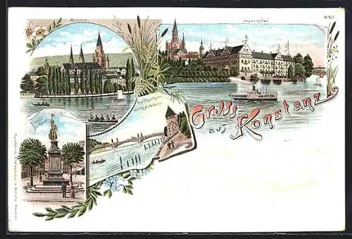 Lithographie Konstanz, Münster, Insel-Hotel, Sieges-Denkmal