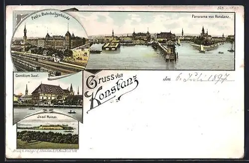 Lithographie Konstanz, Post & Bahnhofsgebäude, Panorama, Insel Mainau