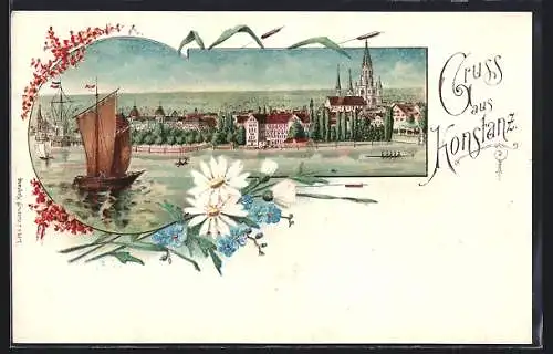 Lithographie Konstanz, Uferpartie mit Kirche, Gänseblumen und Vergissmeinnicht