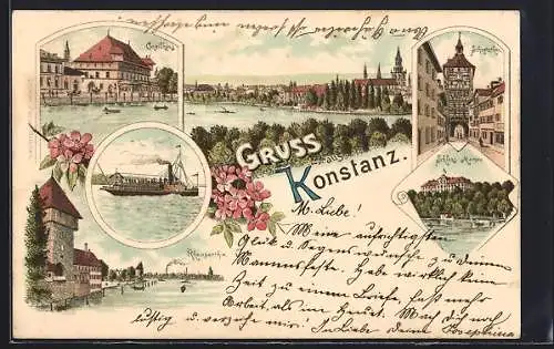 Lithographie Konstanz, Concilhaus, Schloss Mainau, Schnetzthor