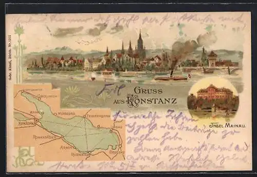 Lithographie Konstanz, Uferpartie mit Kirche, Insel Mainau, Landkarte mit Lindau, Arbon und Bregenz