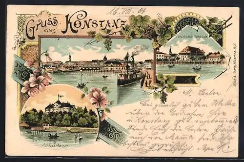 Lithographie Konstanz, Hafenblick, Consiliums-Gebäude & Schloss Mainau