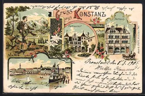 Lithographie Konstanz, Rathaushof, Rathaus, Wanderer mit Stock