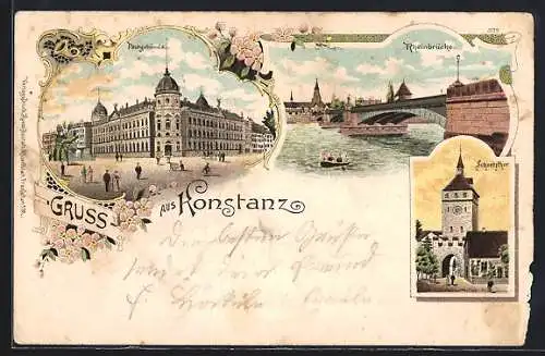 Lithographie Konstanz, Postgebäude, Rheinbrücke, Schnetztor