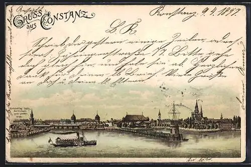 Lithographie Konstanz, Uferpartie mit Dampfer