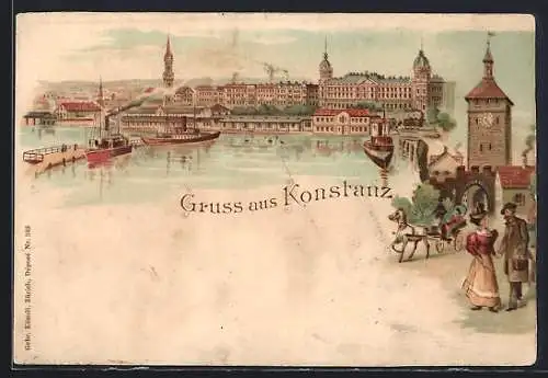 Lithographie Konstanz, Uferpartie, Tor mit Pferdewagen