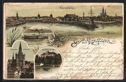 Lithographie Konstanz, Schloss Mainau, Münster, Hafenpartie, Bodenseedampfer, Edelweiss