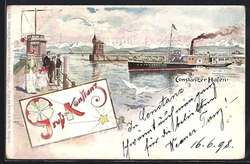 Lithographie Konstanz, Dampfer im Constanzer Hafen, Leute auf dem Steg