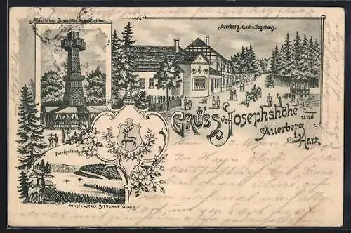 Lithographie Auerberg i. Harz, Gasthaus u. Pension Auerberg, Aussichtsturm Josephshöhe, Frankenteich