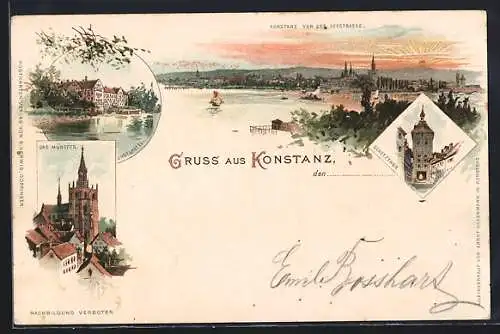 Lithographie Konstanz, Inselhotel, Teilansicht mit Münster, Gesamtansicht