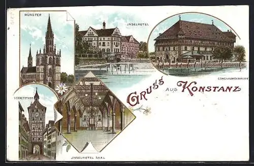 Lithographie Konstanz, Jnselhotel, Schnetzthor, Münster