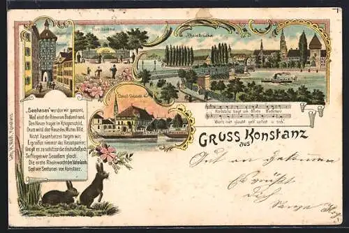 Lithographie Konstanz, Concil-Gebäude, Hussdenkmal, Schnetzthor, Husshaus, Rheinbrücke, Dampfer, Seehasen, Gedicht, Lied