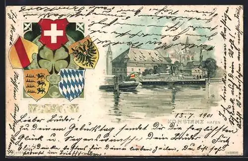 Lithographie Konstanz, Dampfer Greif im Hafen, Wappen