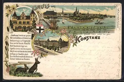 Lithographie Konstanz, Rathaushof, Bahnhof, Kais. Oberpostdirection, Hafenansicht, Hase