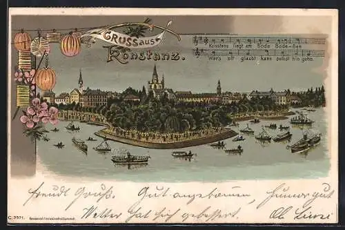 Lithographie Konstanz, Ortsansicht mit Booten auf dem See