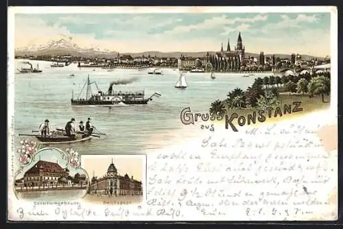 Lithographie Konstanz i. B., Reichspost, Consiliumgebäude, Ortspanorama