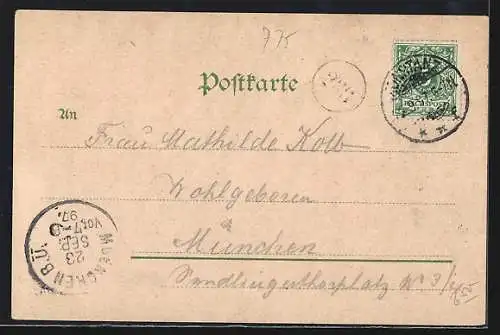 Lithographie Konstanz i. B., Reichspost, Consiliumgebäude, Ortspanorama