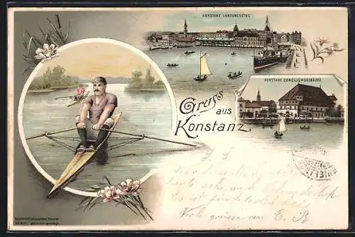 Lithographie Konstanz, Conciliumsgebäude, Landungssteg, Rudersportler