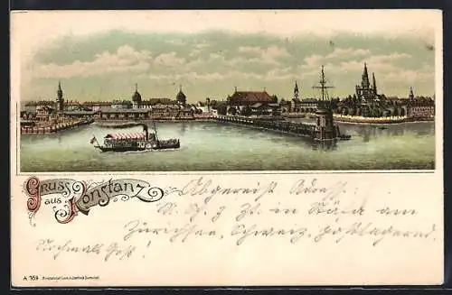 Lithographie Konstanz, Teilansicht und Dampfer