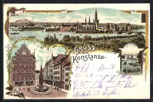 Lithographie Konstanz, Uferpartie, Brunnen, Hafen-Einfahrt