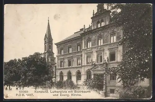 AK Konstanz, Lutherplatz mit Bezirksamt und Evangelischer Kirche