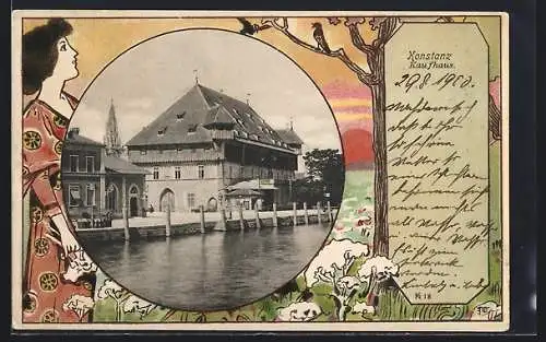 Lithographie Konstanz, Kaufhaus, Frau im Kleid, Passepartout